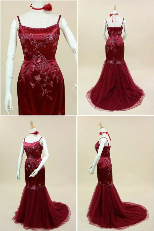 Vestido de noche largo vintage de satén con tirantes burdeos y tul con cuentas TP2736