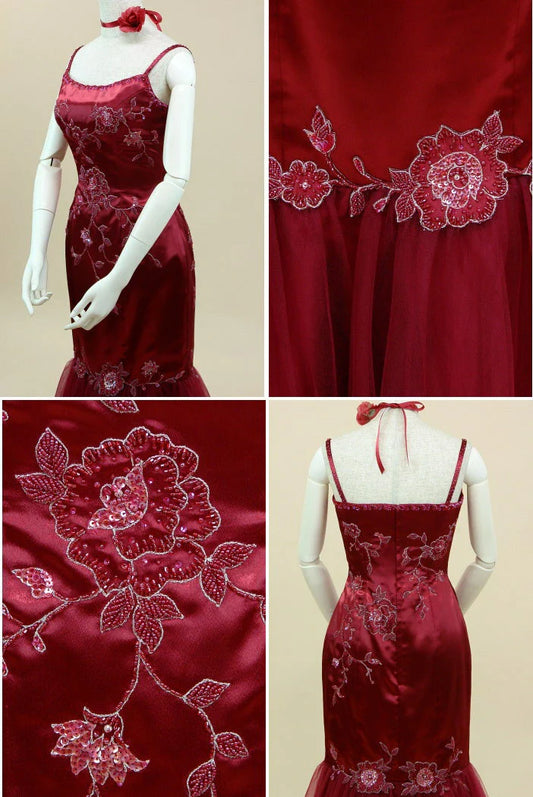 Vestido de noche largo vintage de satén con tirantes burdeos y tul con cuentas TP2736