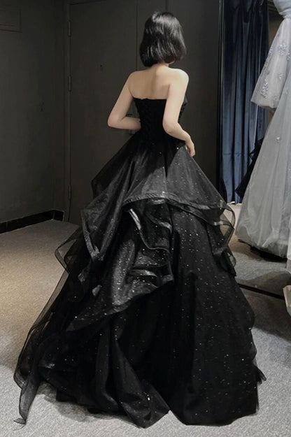 Elegante vestido de noche formal de tul, largo, con hombros descubiertos, color negro, corte A, TP2738