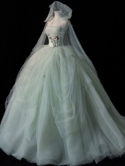 Elegante vestido de fiesta largo de tul verde sin tirantes, corte A, vestido de noche TP2739
