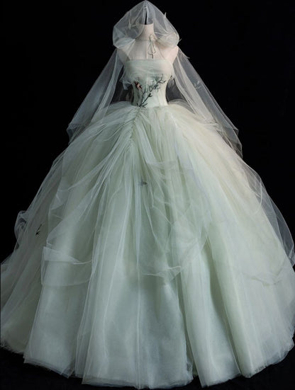 Elegante vestido de fiesta largo de tul verde sin tirantes, corte A, vestido de noche TP2739
