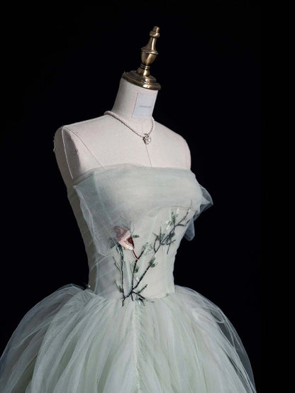 Elegante vestido de fiesta largo de tul verde sin tirantes, corte A, vestido de noche TP2739