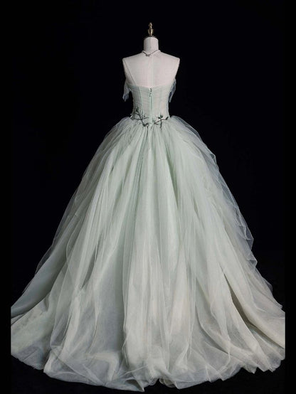 Elegante vestido de fiesta largo de tul verde sin tirantes, corte A, vestido de noche TP2739