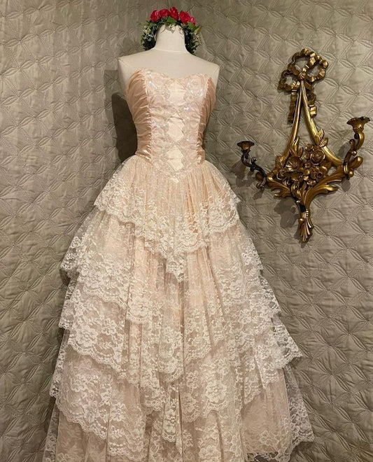 Vestido de fiesta vintage rosa sin tirantes con encaje y lentejuelas, escote corazón, corte A, TP2741