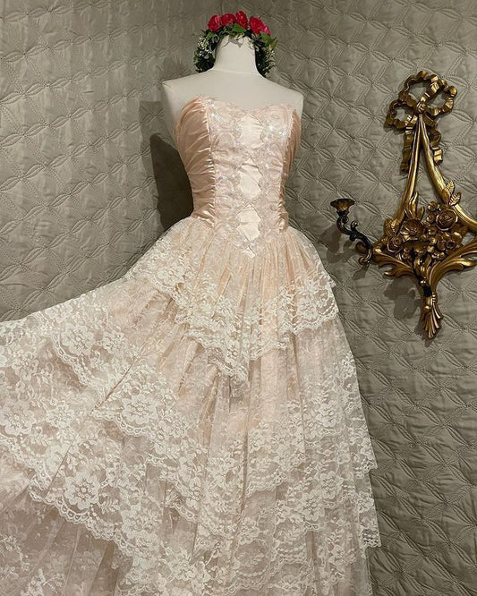 Vestido de fiesta vintage rosa sin tirantes con encaje y lentejuelas, escote corazón, corte A, TP2741