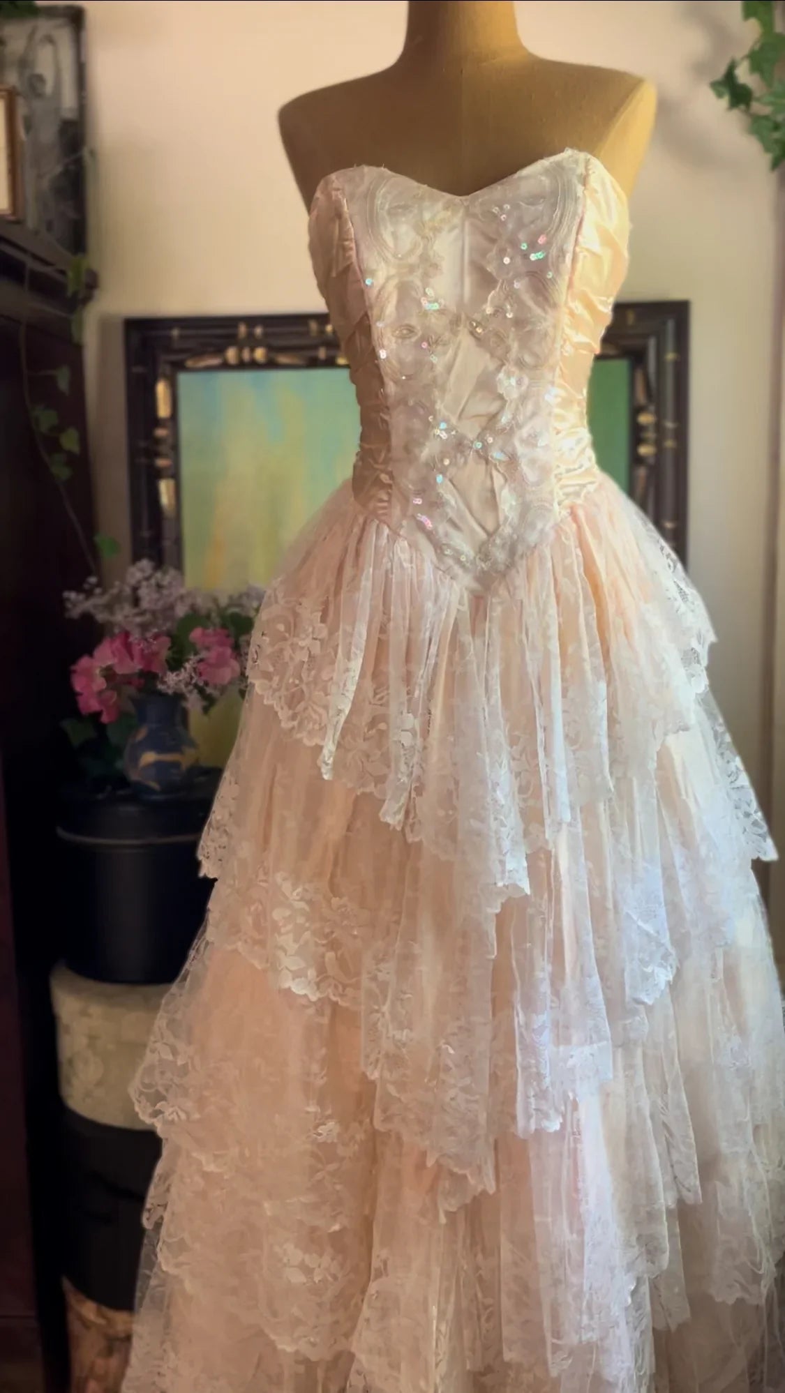 Vestido de fiesta vintage rosa sin tirantes con encaje y lentejuelas, escote corazón, corte A, TP2741