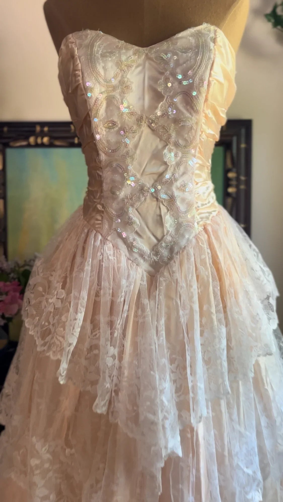 Vestido de fiesta vintage rosa sin tirantes con encaje y lentejuelas, escote corazón, corte A, TP2741
