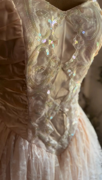 Vestido de fiesta vintage rosa sin tirantes con encaje y lentejuelas, escote corazón, corte A, TP2741