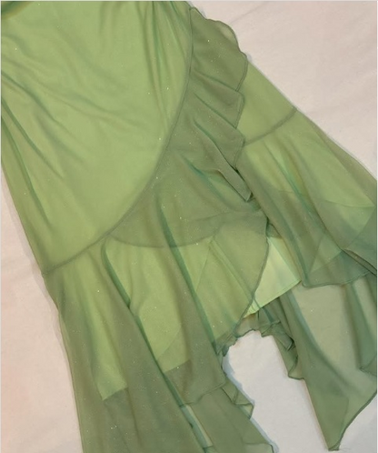 Vestido de fiesta sencillo de gasa verde sin tirantes y con volantes, vestido de noche TP2742