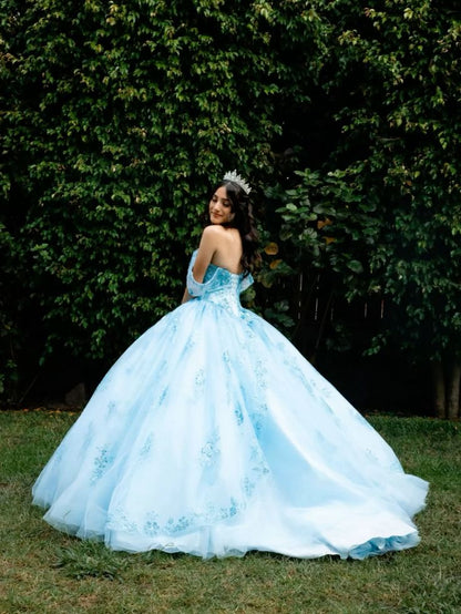 Hermoso vestido de princesa azul con hombros descubiertos, vestido de fiesta, corte A, largo hasta el suelo, TP2745