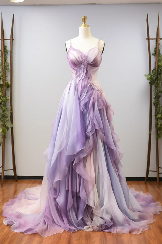 Vestido de fiesta de noche con tirantes finos, corte A, sin mangas, color morado degradado, TP2746