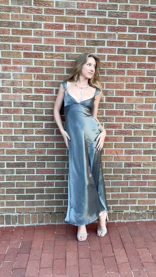 Elegante vestido de fiesta largo de satén con escote en V en gris plateado, vestido de noche, vestido de graduación TP2751