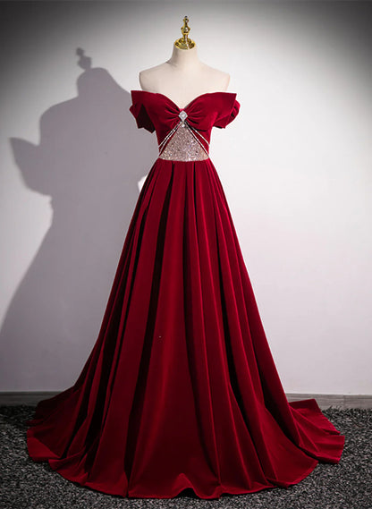 Elegant Burgundy Off-the-shoulder Sequin Beaded A-line Prom Dress Evening Dress TP2756