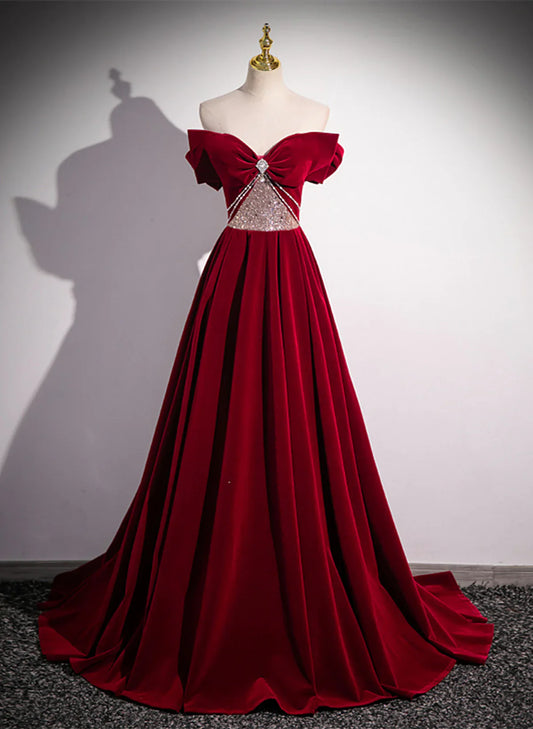 Elegante vestido de fiesta burdeos con hombros descubiertos, lentejuelas y cuentas, corte A, vestido de noche TP2756