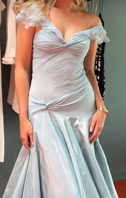Elegant Blue Off Shoulder A-Line Long Prom Dress Evening Dress TP2758