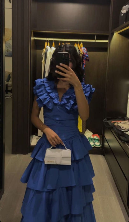 Vestido de fiesta azul zafiro con escote en V, sin mangas, con volantes y capas, corte A, vestido de noche TP2759
