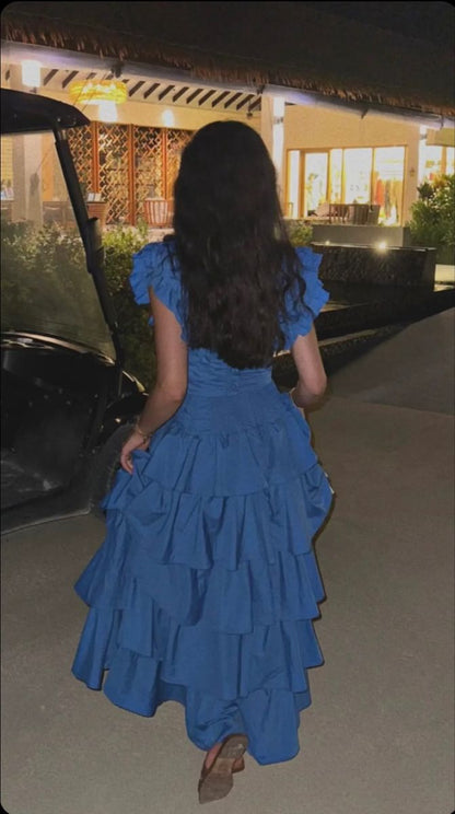 Vestido de fiesta azul zafiro con escote en V, sin mangas, con volantes y capas, corte A, vestido de noche TP2759