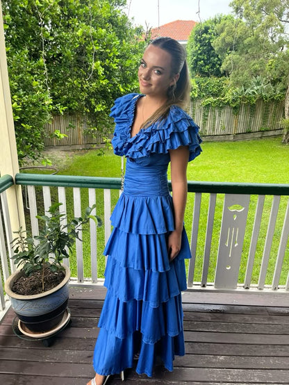 Vestido de fiesta azul zafiro con escote en V, sin mangas, con volantes y capas, corte A, vestido de noche TP2759