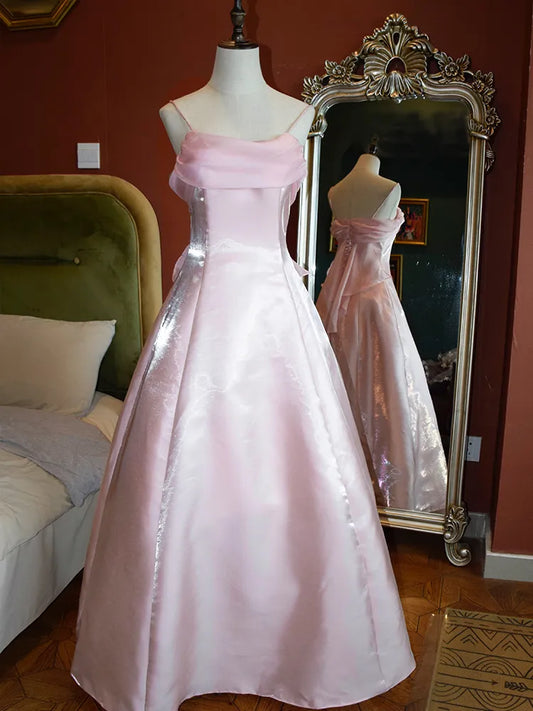 Vestido de fiesta largo con tirantes, corte A, color rosa dulce, TP2760