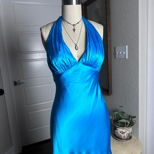 Vestido de noche vintage azul con escote en V, corte sirena, de satén, sin espalda, largo hasta la rodilla, TP2761