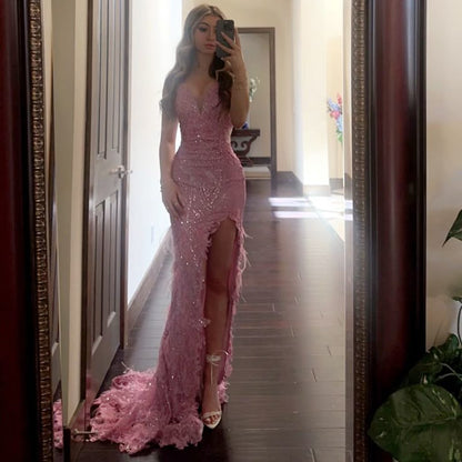 Hermoso vestido de fiesta de noche con escote en V, abertura alta, lentejuelas y corte sirena, largo hasta el suelo, color rosa TP2763