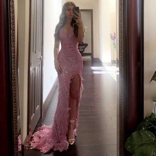 Hermoso vestido de fiesta de noche con escote en V, abertura alta, lentejuelas y corte sirena, largo hasta el suelo, color rosa TP2763