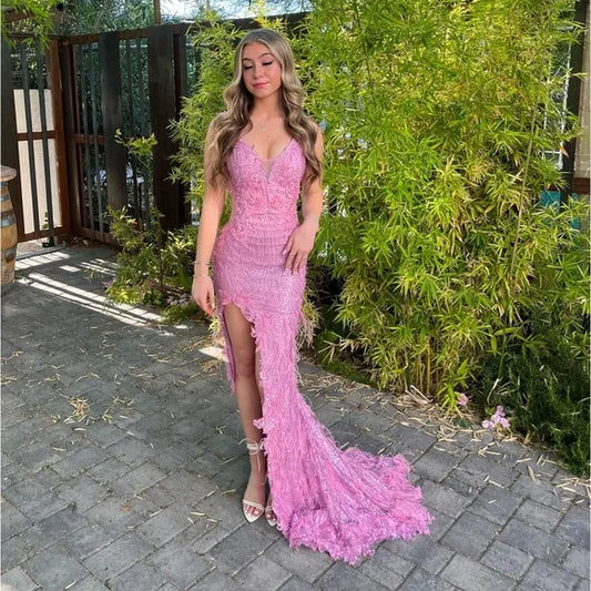 Hermoso vestido de fiesta de noche con escote en V, abertura alta, lentejuelas y corte sirena, largo hasta el suelo, color rosa TP2763