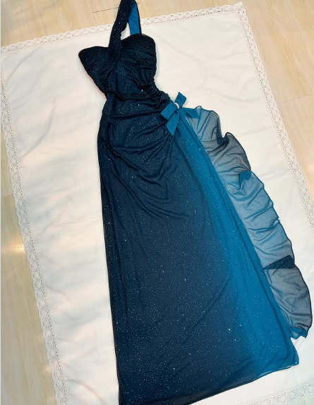 Vestido de fiesta vintage de sirena con un solo hombro de gasa azul degradado, vestido de noche TP2765