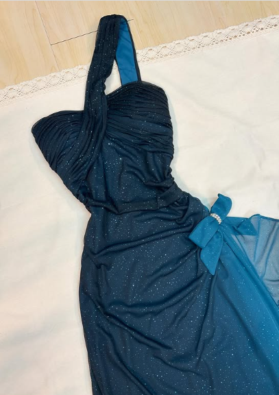 Vestido de fiesta vintage de sirena con un solo hombro de gasa azul degradado, vestido de noche TP2765