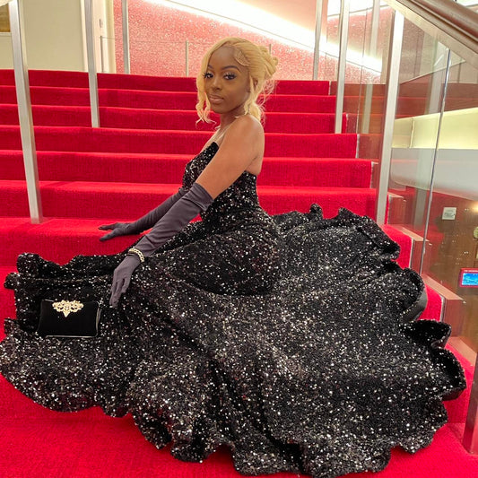 Shiny Black Off Shoulder Sleeveless Sequin Mermaid Floor-Mounting Prom Dress Evening Dress Without Gloves TP2769