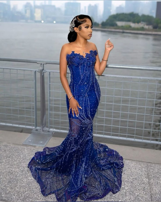 Hermoso vestido de fiesta azul zafiro con escote corazón, sin mangas, corte sirena, largo hasta el suelo, TP2771