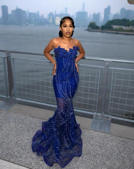 Hermoso vestido de fiesta azul zafiro con escote corazón, sin mangas, corte sirena, largo hasta el suelo, TP2771