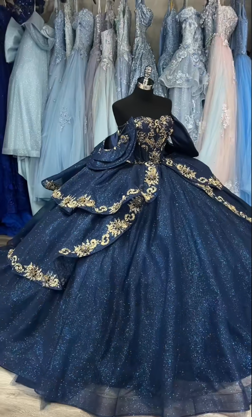 Gorgeous Navy Blue Princess Dress Off-the-shoulder A-Line Embroidered Design Prom Dress Evening Gown TP2775
