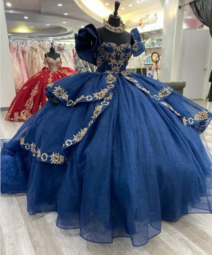 Gorgeous Navy Blue Princess Dress Off-the-shoulder A-Line Embroidered Design Prom Dress Evening Gown TP2775