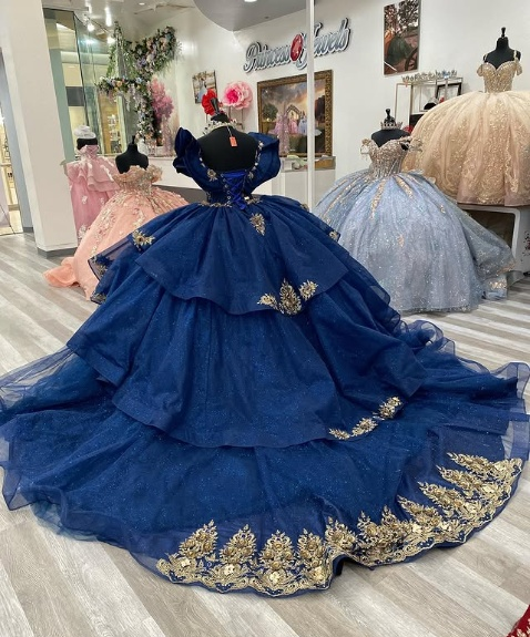 Gorgeous Navy Blue Princess Dress Off-the-shoulder A-Line Embroidered Design Prom Dress Evening Gown TP2775