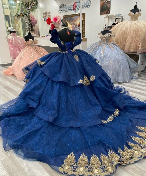 Gorgeous Navy Blue Princess Dress Off-the-shoulder A-Line Embroidered Design Prom Dress Evening Gown TP2775