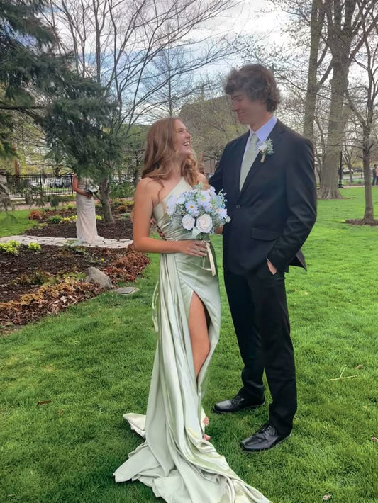 Simple one-shoulder green satin slit floor-length prom dress bridesmaid dress TP2777