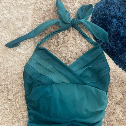 Beautiful Gradient Blue Halter Neck V Neck Chiffon Mini Party Dress Homecoming Dress TP2778