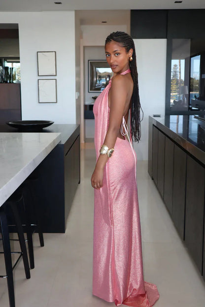 Vestido de noche sexy rosa de corte bajo, estilo sirena, sin espalda, largo, para fiesta de graduación, TP2779