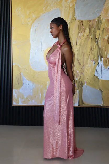Vestido de noche sexy rosa de corte bajo, estilo sirena, sin espalda, largo, para fiesta de graduación, TP2779