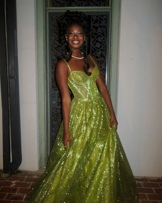 Vestido de fiesta largo verde brillante sin tirantes, corte A, vestido de noche TP2784