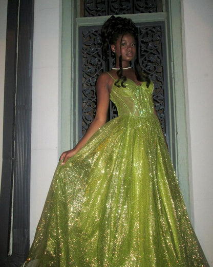 Vestido de fiesta largo verde brillante sin tirantes, corte A, vestido de noche TP2784