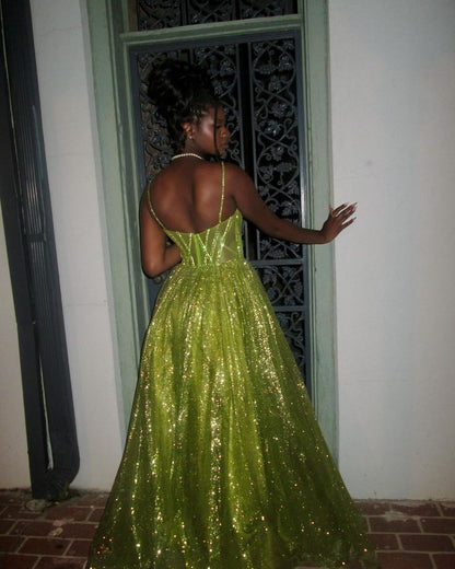 Vestido de fiesta largo verde brillante sin tirantes, corte A, vestido de noche TP2784