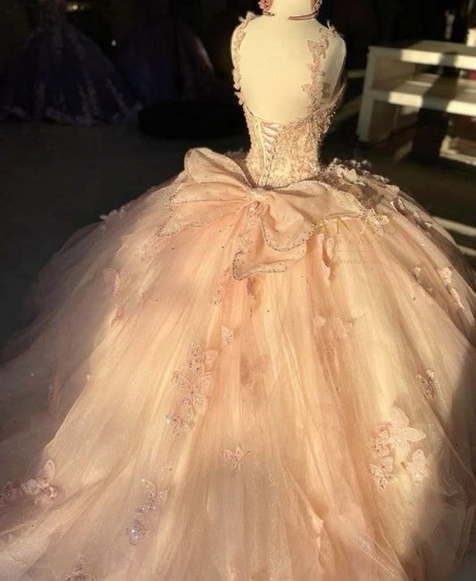 Vestido de fiesta de quinceañera con escote en V, corte en A, de tul, con lentejuelas y lazo, color rosa dulce, TP2785