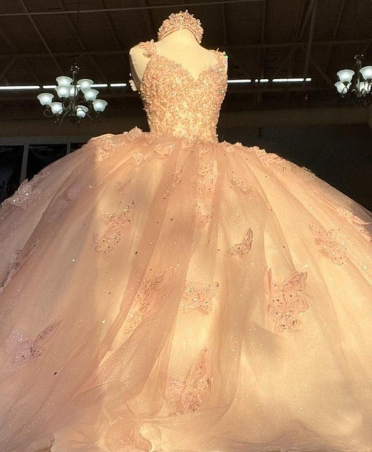 Vestido de fiesta de quinceañera con escote en V, corte en A, de tul, con lentejuelas y lazo, color rosa dulce, TP2785