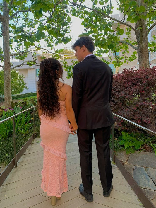 Vestido de fiesta de noche con encaje rosa, corte sirena, sin tirantes y volantes, TP2786