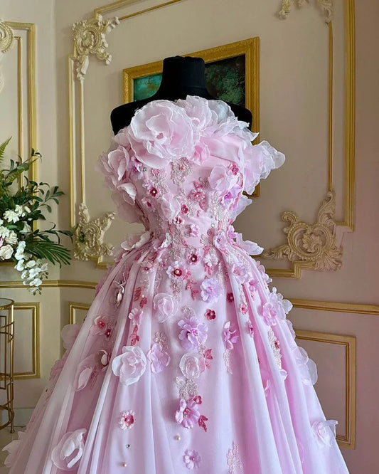 Vestido de fiesta largo rosa dulce sin tirantes con flores 3D, corte A y cuentas TP2788