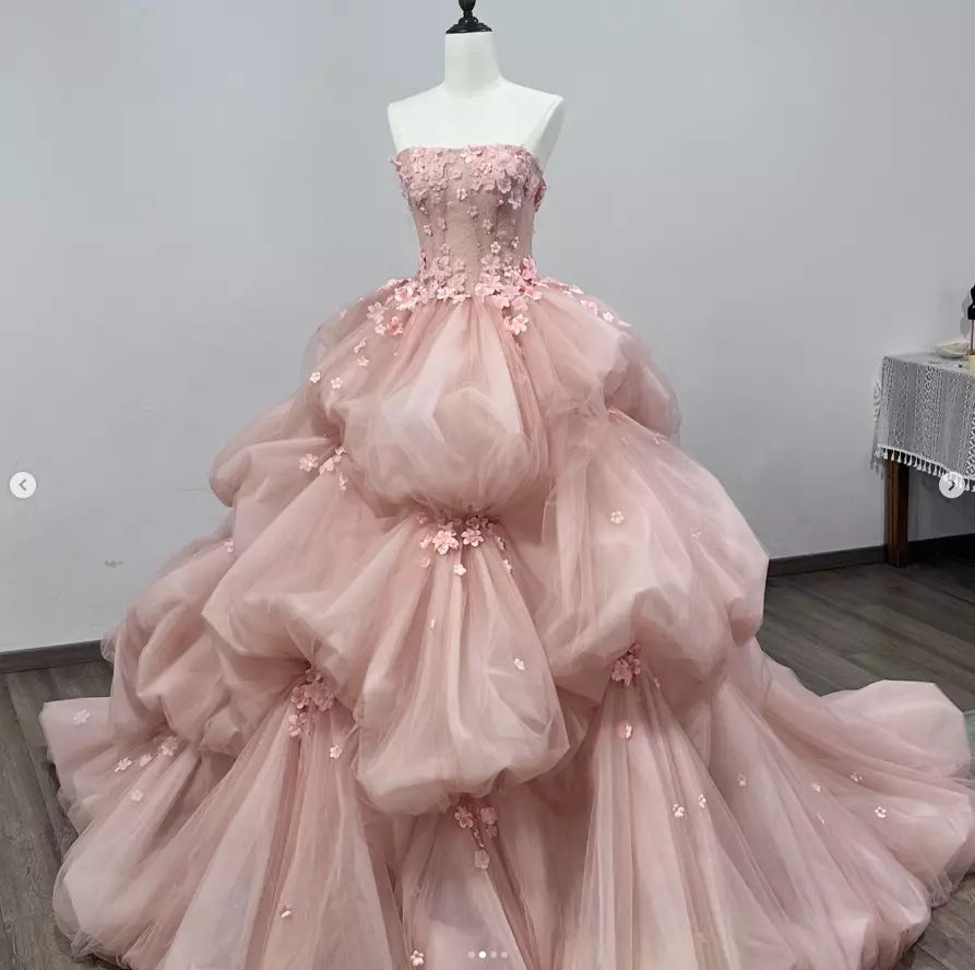 Vestido de novia rosa sin tirantes, corte A, con flores 3D de tul, corte A, vestido de noche TP2789