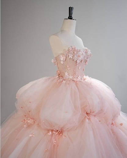 Vestido de novia rosa sin tirantes, corte A, con flores 3D de tul, corte A, vestido de noche TP2789