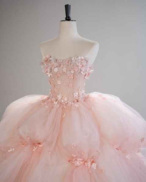 Vestido de novia rosa sin tirantes, corte A, con flores 3D de tul, corte A, vestido de noche TP2789